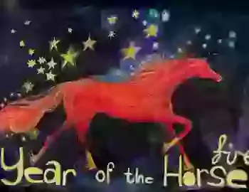 this illustration shows a fire horse galloping across a dark background with stars around the horse. At the bottom of the horse illustration there are the words ‘year of the fire horse’ . The illustration is made with paints, coloured pencils and coll